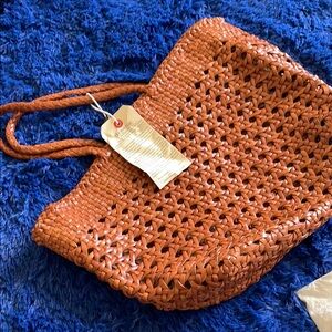 Dragon Diffusion Tan Woven Leather Tote Bag with Open-Weave Design